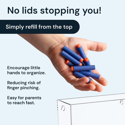 SimplyImagine Single Acrylic Toy Dispenser for Kids - High-Volume Toy Foam Blasters, Car & Building Block Storage Bin - Wall Mount or Countertop Clear Hanging Organizer for Nursery & Playroom