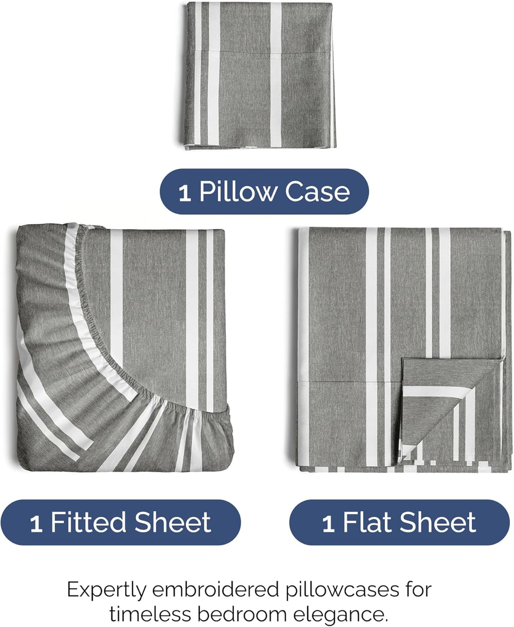 Skiennix Twin XL 3-Piece Sheet Set - Comfy Cooling Bed Sheets with Deep Pockets - Grey Stripes