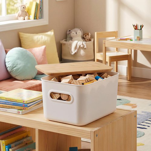 Citylife Storage Bins - Stackable 7QT Plastic Organizer Boxes with Bamboo Lids | 4-Pack, 10" L x 7" W x 5.8" H