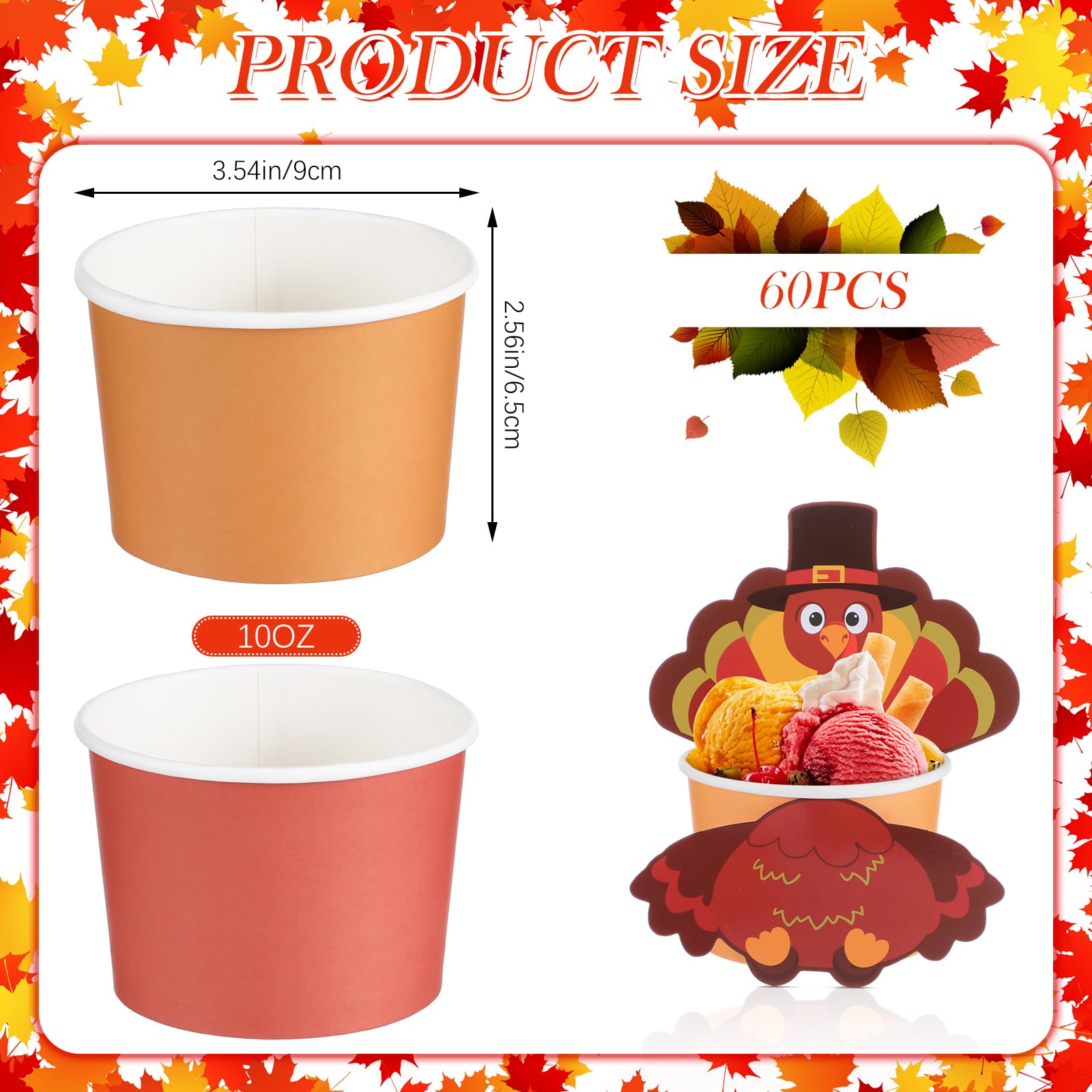 RimCereal 60 Pcs Fall Disposable Bowls - 10 oz Paper Bowls for Hot or Cold Food, Thanksgiving Party Supplies