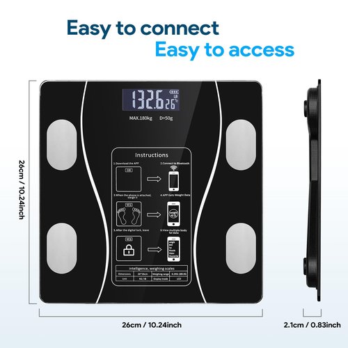 Smart Weighing Scale, Bluetooth Smart Body Fat Scale, accurately Measures Weight, Body Fat Percentage, Muscle Mass Percentage, BMI, and Other Body Metrics. (Black)