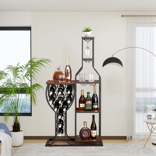 5-Tier Wine Rack Freestanding Floor, 11 Bottles Modern Wooden Wine Holder-Storage Cabinet for Home Bar, Kitchen, Dining Room Space Saving Bar Stand with Easy Assembly.(Brown)