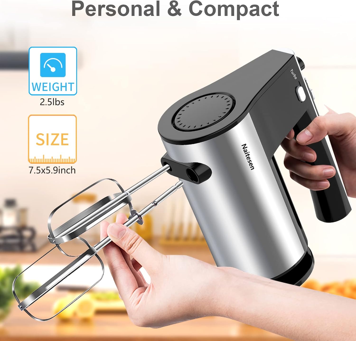 Skiennix 600W Electric Hand Mixer - 10-Speed Powerful Kitchen Mixer with Turbo | Lightweight, Includes Dough Hooks & Beaters