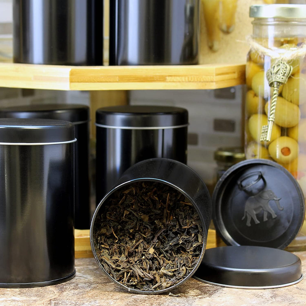 Cornucopia Brands Double Seal Tea Canisters (6-Pack); Black Metal Round Tea Tins w/ Interior Molded Plastic Seal