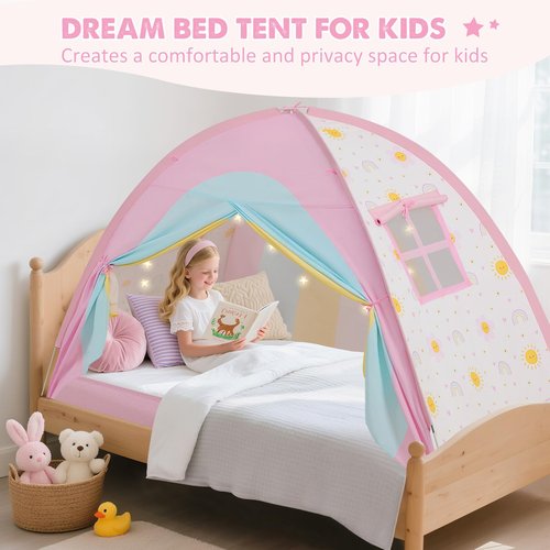 PIIKAGO Twin Bed Tent for Kids, Twin Size Bed Canopy with Star Lights, Privacy Space Blackout Sleeping Tents, Indoor Breathable Portable Bunk Bed Tent for Girls, Rainbow