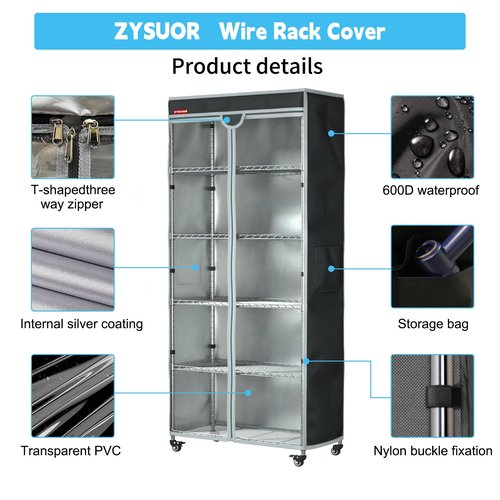 ZYSUOR Shelf Cover for Wire Shelving Unit, Dustproof Waterproof UV Resistant Storage Protector with Transparent Front Panel, Fits 48" L x 24" D x 72" H (Cover Only)