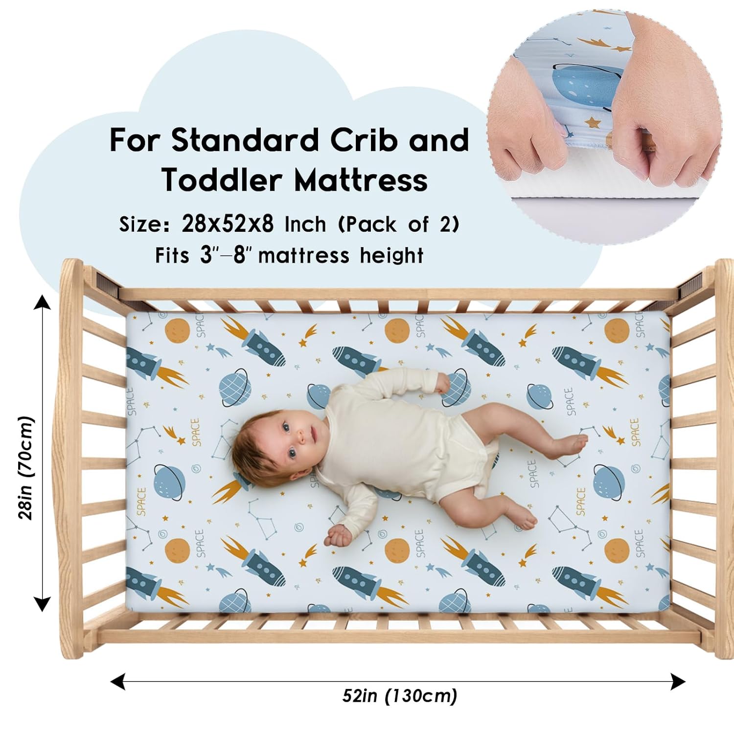 Yoofoss Fitted Baby Crib Sheets - Super Soft Microfiber 2-Pack for Standard Crib & Toddler Mattress | Blue Rocket 28x52x8in