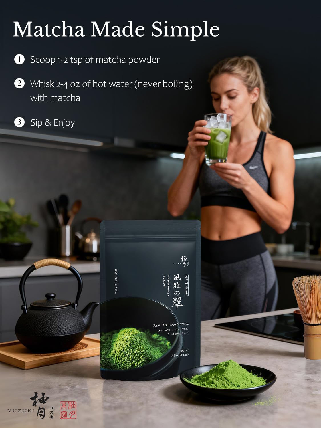 YUZUKI Matcha Powder - Ceremonial Grade Green Tea - First Harvest, Zero Sugar, 100g | USDA & JAS Certified