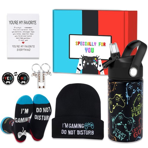Guguden 7 PCS Valentines Gamer Gifts for Men, Valentines Day Gift Ideas Gaming Gift Box for Boyfriend Teens Dad Brother, Cool Gaming Stuff Accessories, Video Game Things Tumbler Keychain Socks