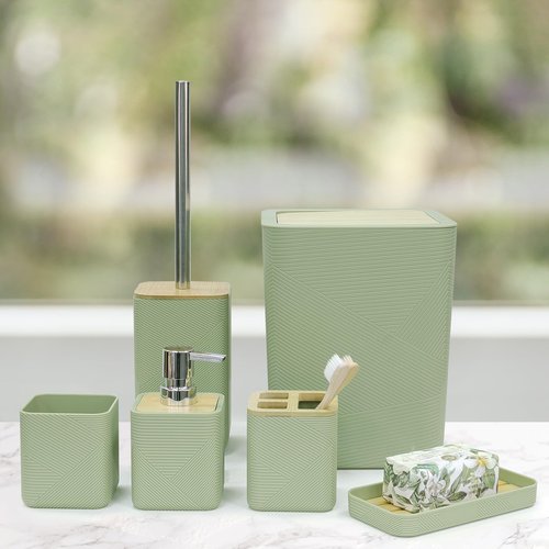 CERBIOR Bathroom Accessories Set 6 Piece Bamboo Bath Ensemble Includes Soap Dispenser, Toothbrush Holder, Toothbrush Cup, Soap Dish for Decorative Countertop and Housewarming Gift (Green)