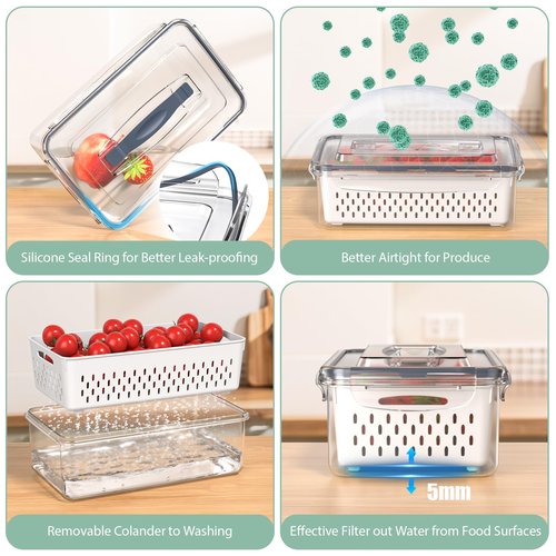 5 Pcs Fruit Storage Containers For Fridge with Removable Colander and Handle Lid, Refrigerator Organizers and Storage, Airtight Container to Keep Berry Fruit and Vegetable Fresh Longer Dishwasher Safe
