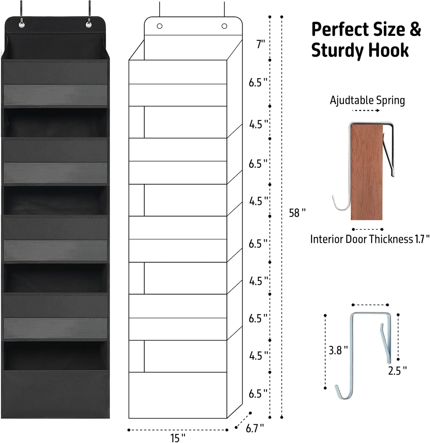 TYMENSH Over Door Organizer - Heavy Duty Storage with 5 Large Pockets for Closet, Bathroom, Nursery & More | Black