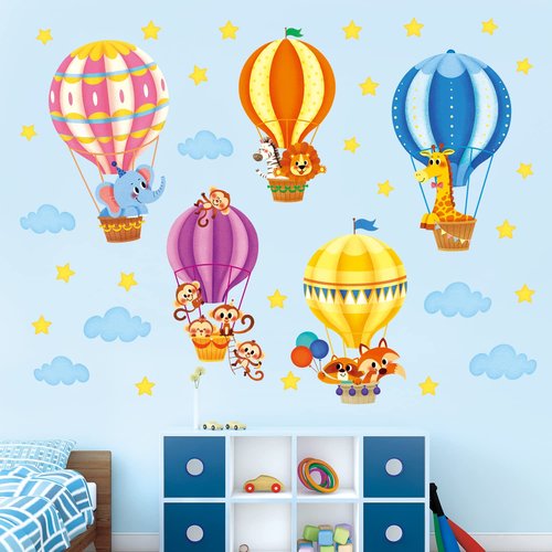 DECOWALL SG-2214 Animals in Hot Air Balloons Kids Wall Stickers Decals Kids Baby Nursery Decorations Cloud Elephant Wallpaper Art Playroom Bedroom décor Home boy Peel and Stick