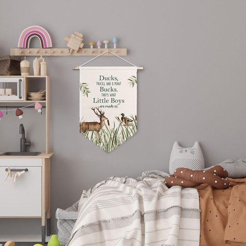 ChissNook Ducks Bucks Little Boys Canvas Banner, Boy Nursery Hanging Pennant Banner Flags Wall Display, Wild Mallard Duck Deer Wall Decor for Toddler Kids Boys Room Bedroom Nursery Playroom