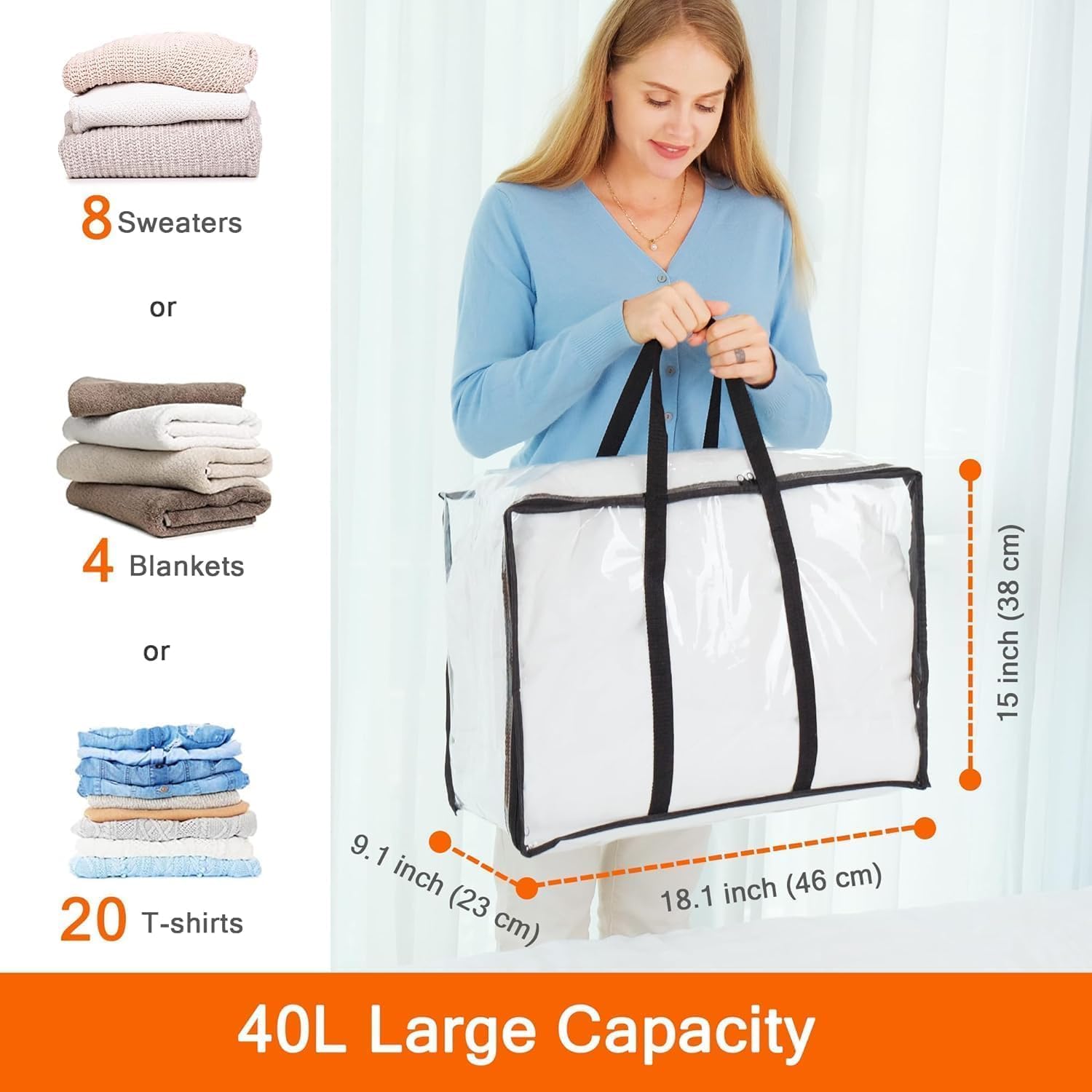 Vieshful Clear Clothes Storage Bags - 40L Zippered Blanket Organizer | Foldable for Bedding & Toys