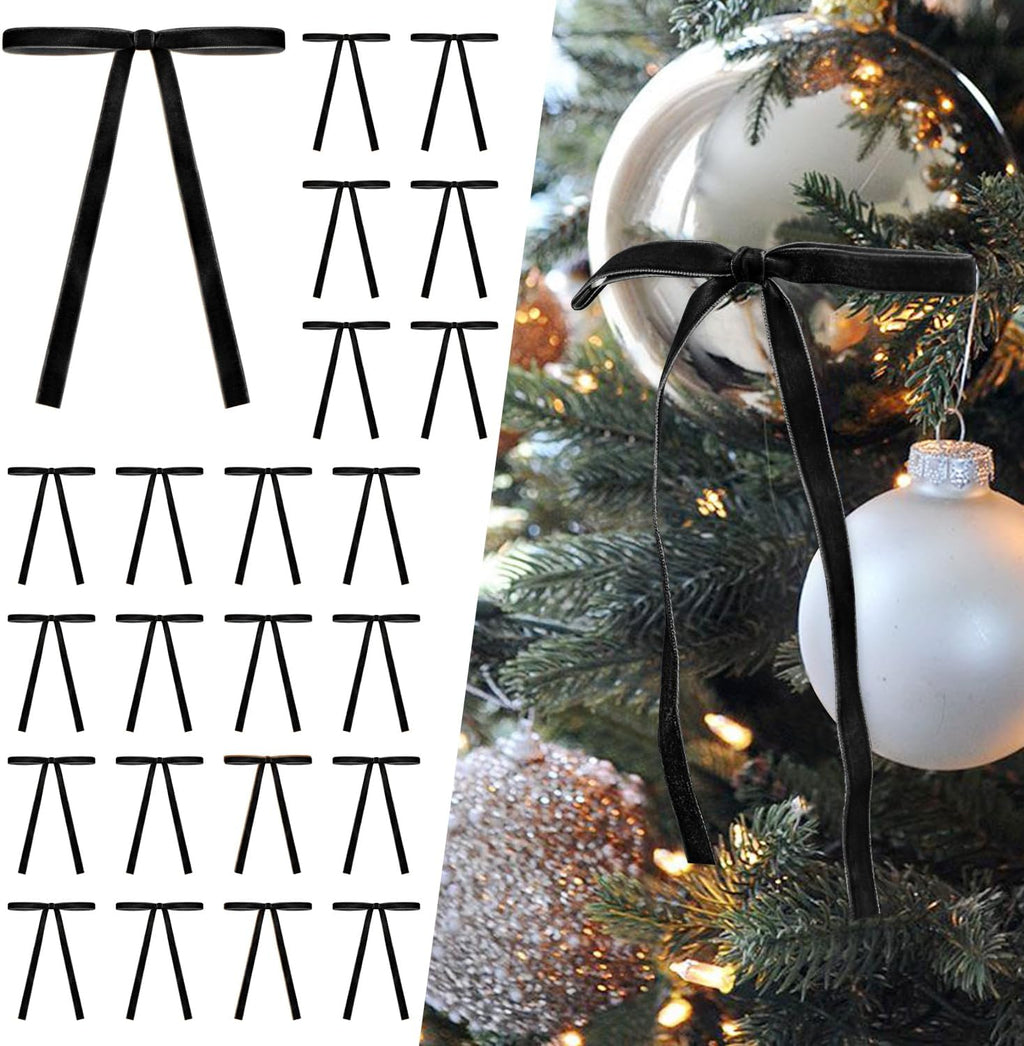 SIMISI Velvet Ribbon Bows - 24Pcs Black Christmas Decorations for Tree, Wreath & Garland (3/8'' Width)