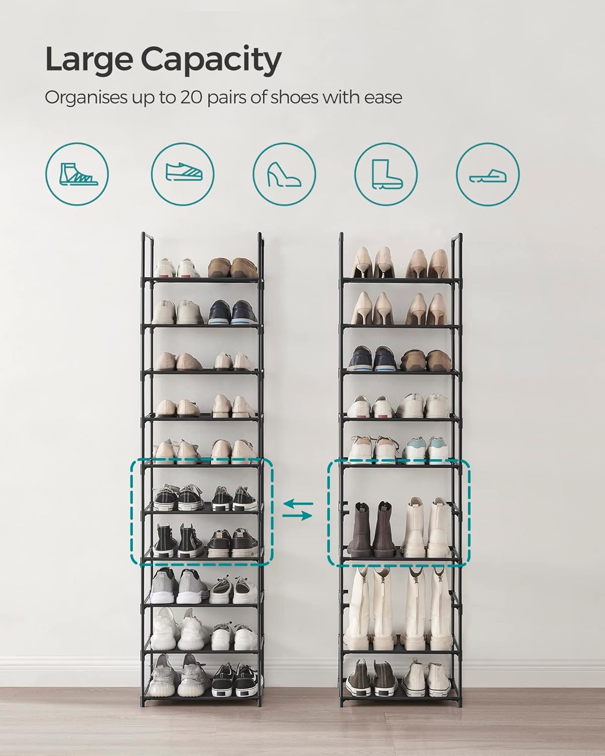 SONGMICS 10-Tier Shoe Rack - Metal Frame Shoe Storage Organizer | 11 x 17.7 x 68 Inches, Black