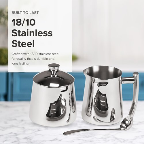 Frieling USA 18/10 Stainless Steel Sugar and Creamer Set - Coffee & Tea Accessories with 10 Oz Metal Creamer Pitcher & Sugar Bowl with Lid