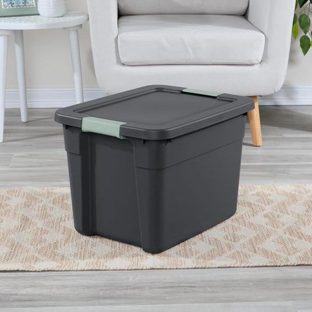 Sterilite 6-Pack Latch Tote | Stackable 12 Gallon Plastic Storage Bins with Lids - Gray/Green Organization Solution