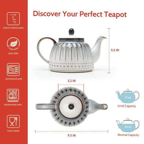 Sweese Ceramic Teapot, Beaded Retro Flower Glaze, 1100ml/37 oz Large Tea Pot for Loose Tea or Bags, Enough for 4 Cups, Nebula Blue
