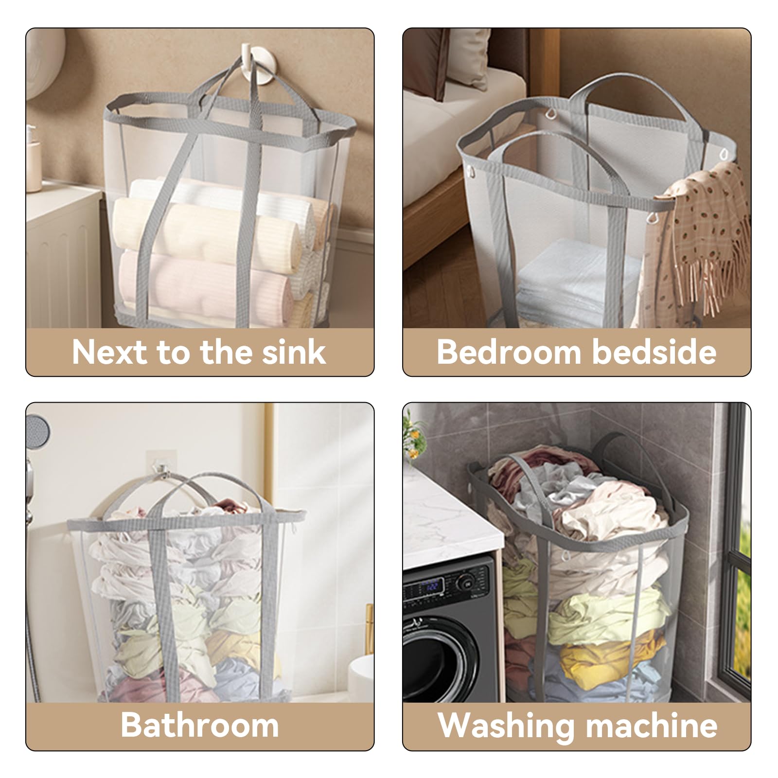 Portable Laundry Hamper (11 Gallon), Mesh Laundry Tote with 4 Hanging Cords&Sturdy Handles, Foldable Large Capacity Laundry Basket for Bathroom, Dorm, Bedroom or Travel