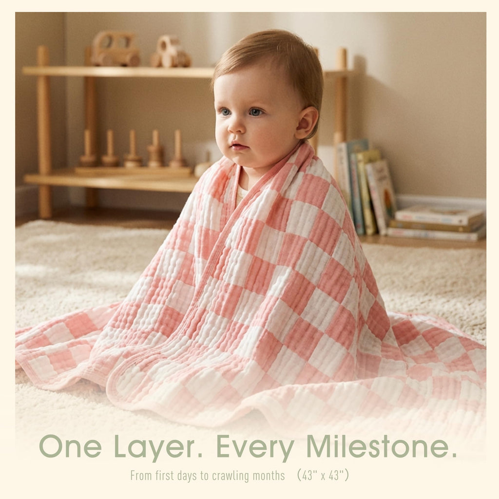 HardNok Ultra-Soft Muslin Baby Blanket - Swaddle & Crib for Girls, Pink Checkered (1-Pack)