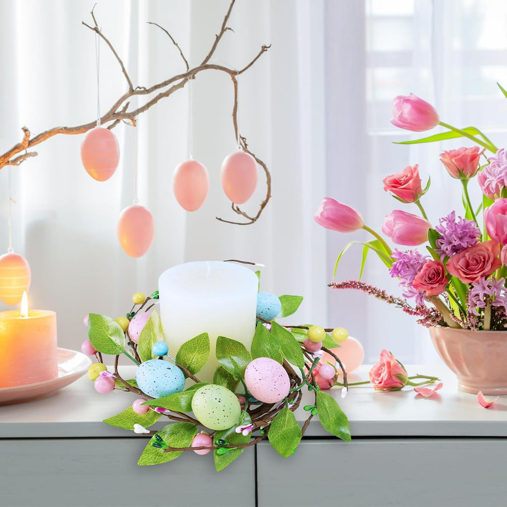 Winlyn Easter Egg Candle Rings - 4 Pcs Spring Wreaths with Pastel Eggs & Foliage | 11" Holiday Decor