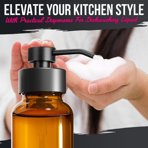 2 Pcs Amber Foaming Soap Dispenser Glass - 8.5 Oz Stylish Foam Pump Bottle for Bathroom or Kitchen Use - Compatible with Hand Wash, Dish Liquid, Shampoo and Gel | Non-Slip Bottom, 6 Label Stickers