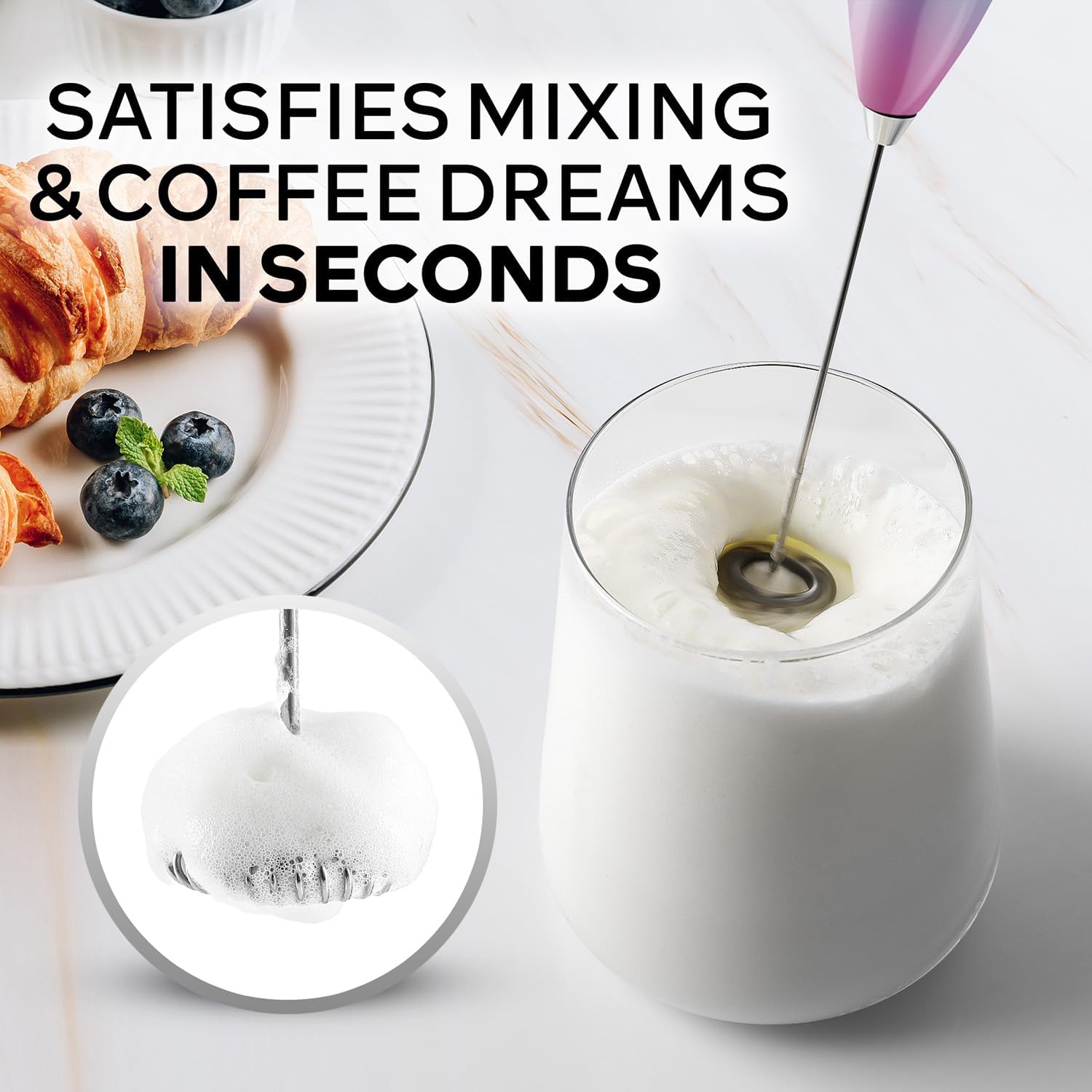 Zulay Kitchen Milk Frother Wand - Ultra-Fast Handheld Mixer for Coffee & Lattes - Pink Spritz