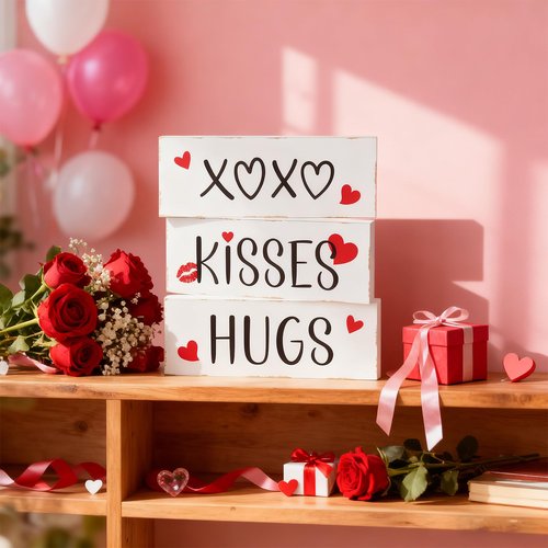 3Pcs Valentine's Day Decoration Reversible Wooden Table Centerpiece Blocks Double Sided Printing Valentine Day Hugs and Kisses Sign St Patrick's Wood Tabletop for Tiered Tray Shelf Office Desk Home Indoor