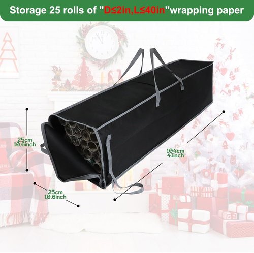 Demao Large Wrapping Paper Storage Bag - 41" Gift Wrap Organizer with Reinforced Handles | Holds 25 Rolls, Dustproof & Stain-Resistant, Black & Gray
