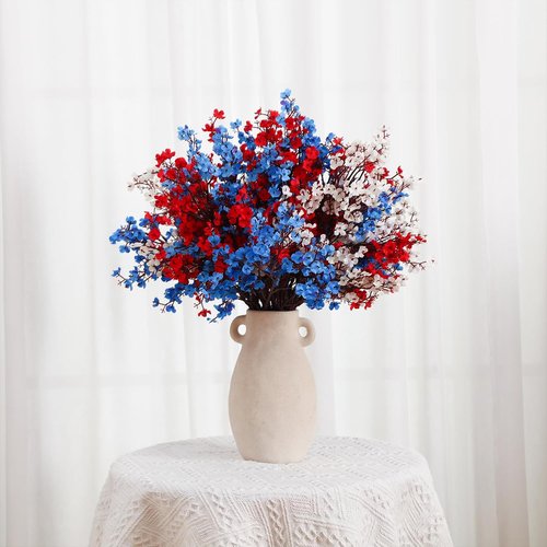 Lyrow Patriotic Artificial Flowers - 24 Pcs Red, Blue & White Floral Arrangements for 4th of July Decor | Perfect for Memorial Day & Table Centerpieces