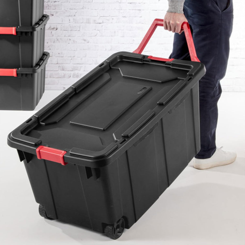 Sterilite Wheeled Tote - Durable 40 Gallon Storage Container - Black Color for Easy Organization