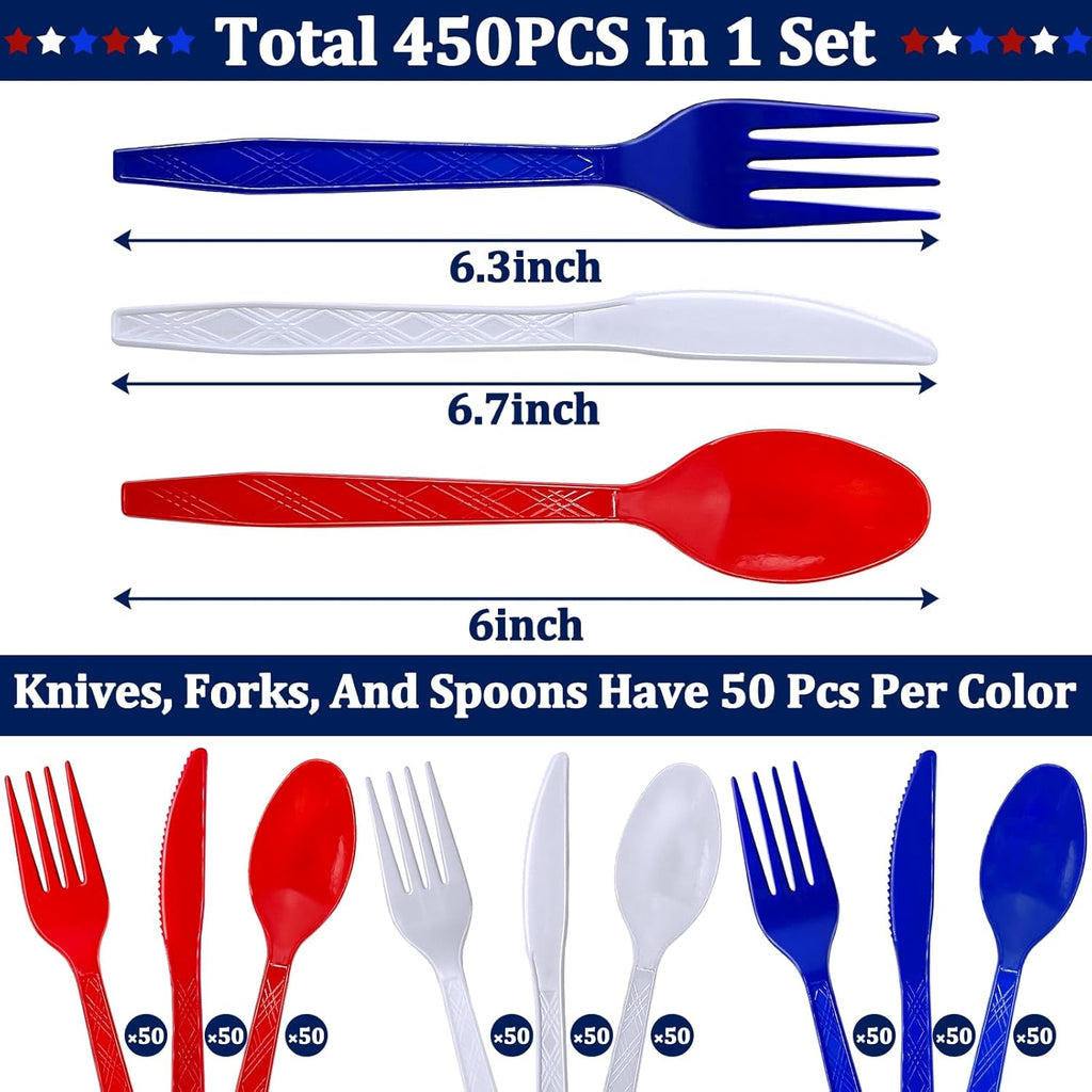 Patriotic American Flag Party Supplies - 450 Pcs Disposable Cutlery Set | 150 Spoons, Forks & Knives in Red, White & Blue