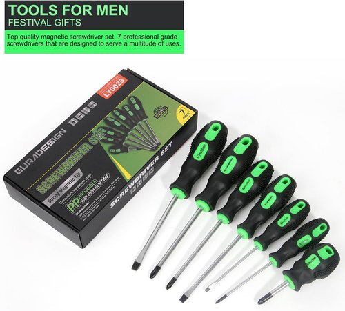 GURADESIGN 7-Piece Magnetic Screwdriver Set - Professional Cushion Grip | 4 Phillips & 3 Flat