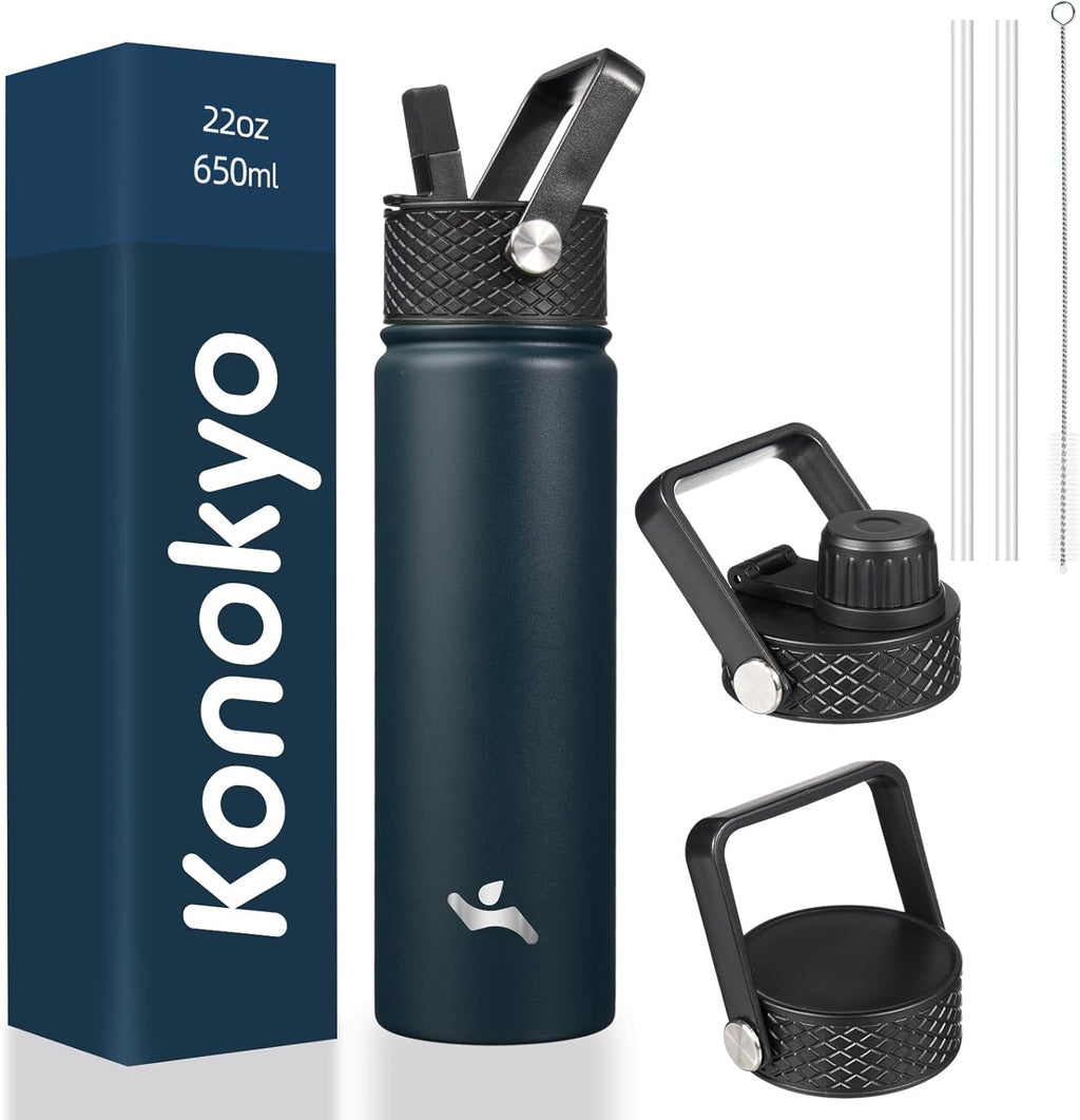 Skiennix 22oz Stainless Steel Insulated Water Bottle - 3 Lids, Navy Blue