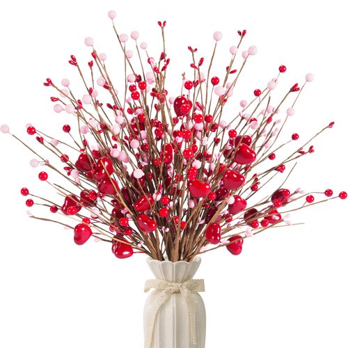 Kanxinr Valentines Day Decorations Valentine's Day Gifts 24 Pack Red Heart Shaped Berry Picks with Pink Berries for Valentine Wedding Candlelight Dinner Anniversary Decorations (Red)
