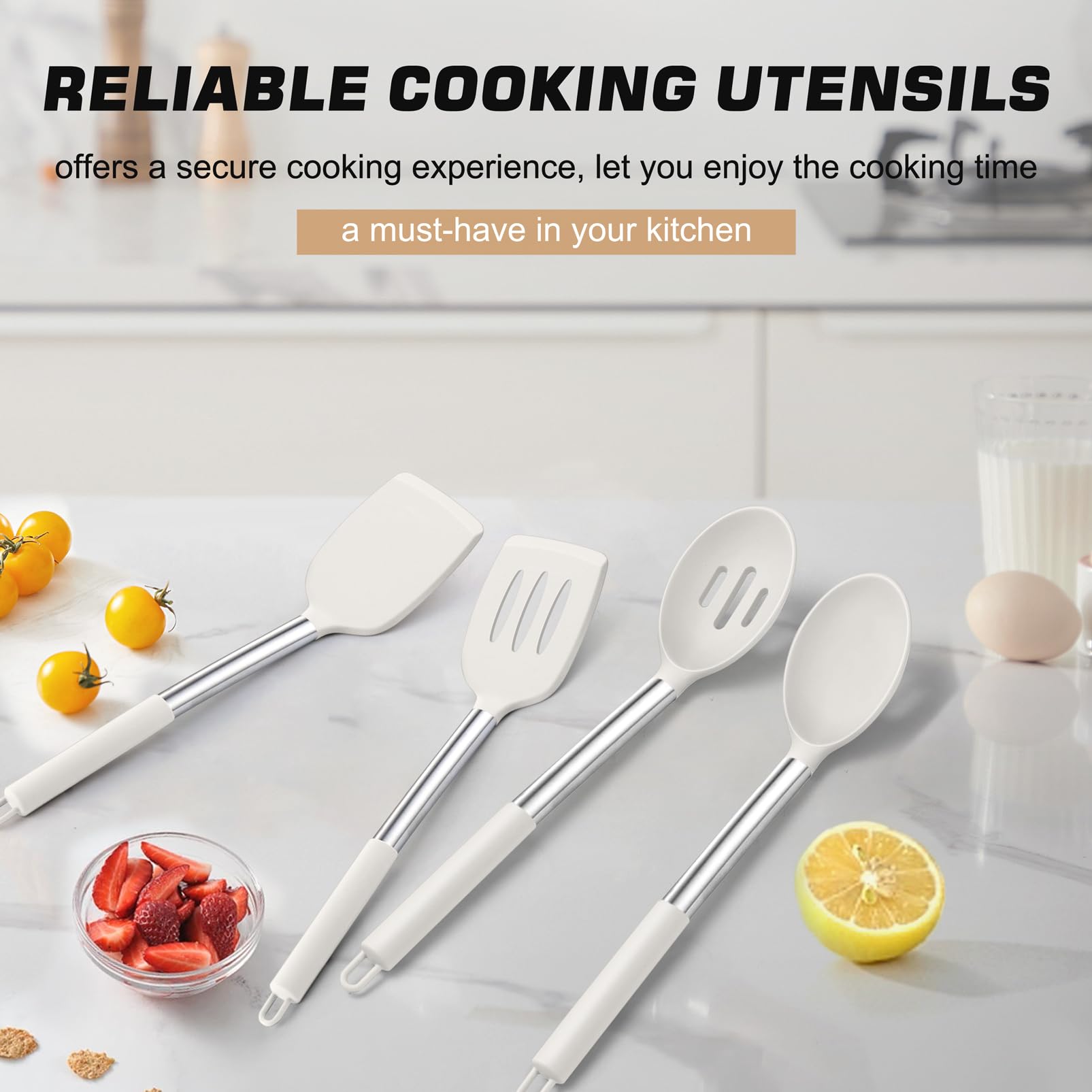 TeamFar Kitchen Utensils, 4 PCS Silicone Cooking Utensils with Stainless Steel Handle, for Nonstick Cookware Frying/Flipping/Draining, Non-toxic & Heat-proof, Non-scratch & Dishwasher Safe