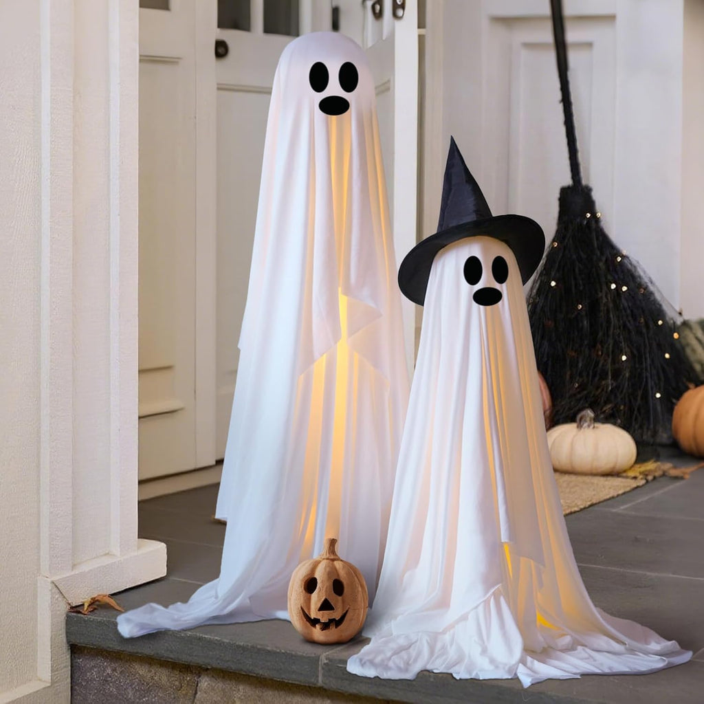 Skiennix Halloween Decorations - Light-Up Spooky Ghosts with LED Strips & Witch Hats | 2 Large Indoor/Outdoor Decor