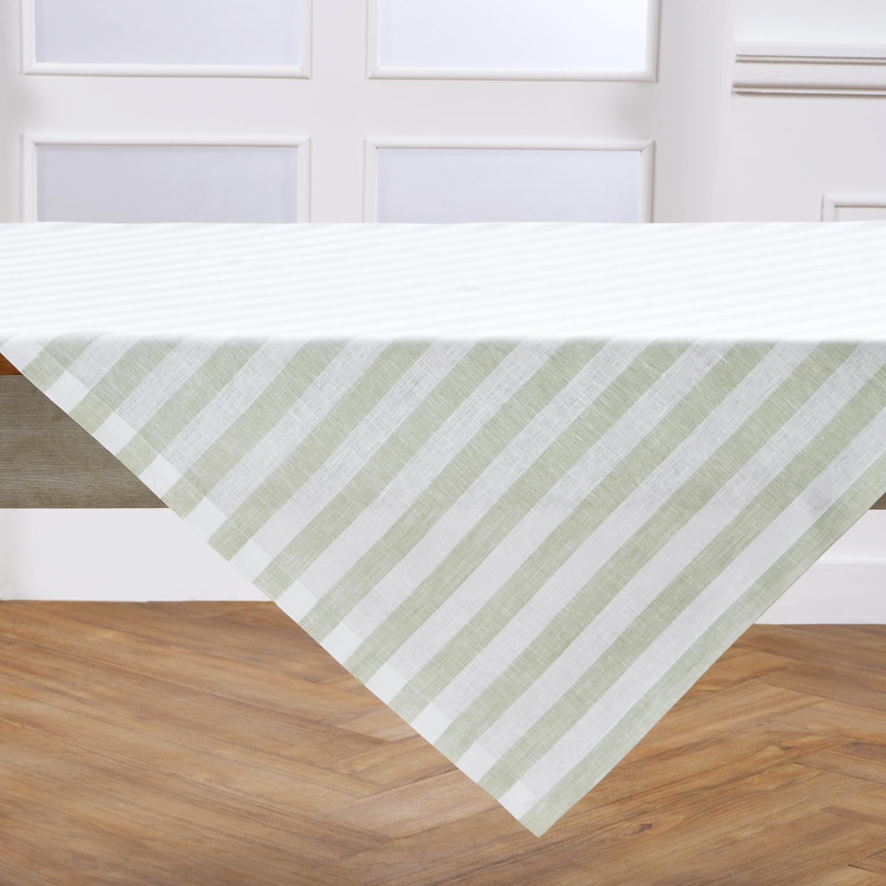 Solino Home Linen Tablecloth 52 x 52 Inch - Sorrento Stripe, 100% Pure Linen Sage and White Square Tablecloth - Machine Washable Table Throw for Spring, Summer, Mothers Day