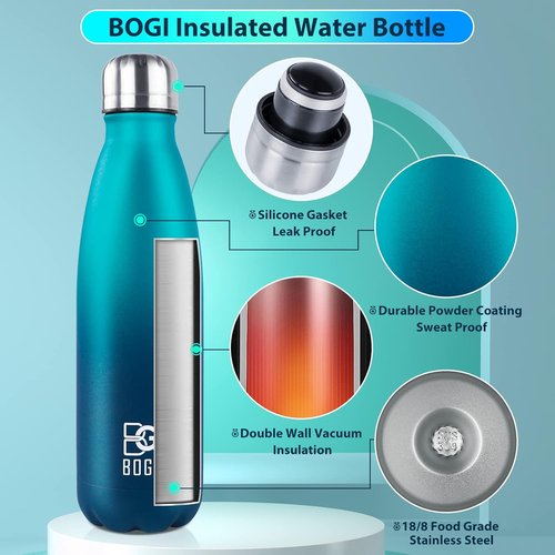 BOGI Insulated Water Bottle - 17oz Stainless Steel, Leak-Proof Design, Keeps Drinks Cold for 24 Hours | Blue