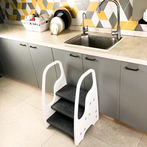 Toddler Step Stool for Bathroom Sink,Adjustable 3 Step Stool for Kids,Kitchen Standing Tower,Children Learning Helper Stool with Safety Handles and Non-Slip Pads,Grey