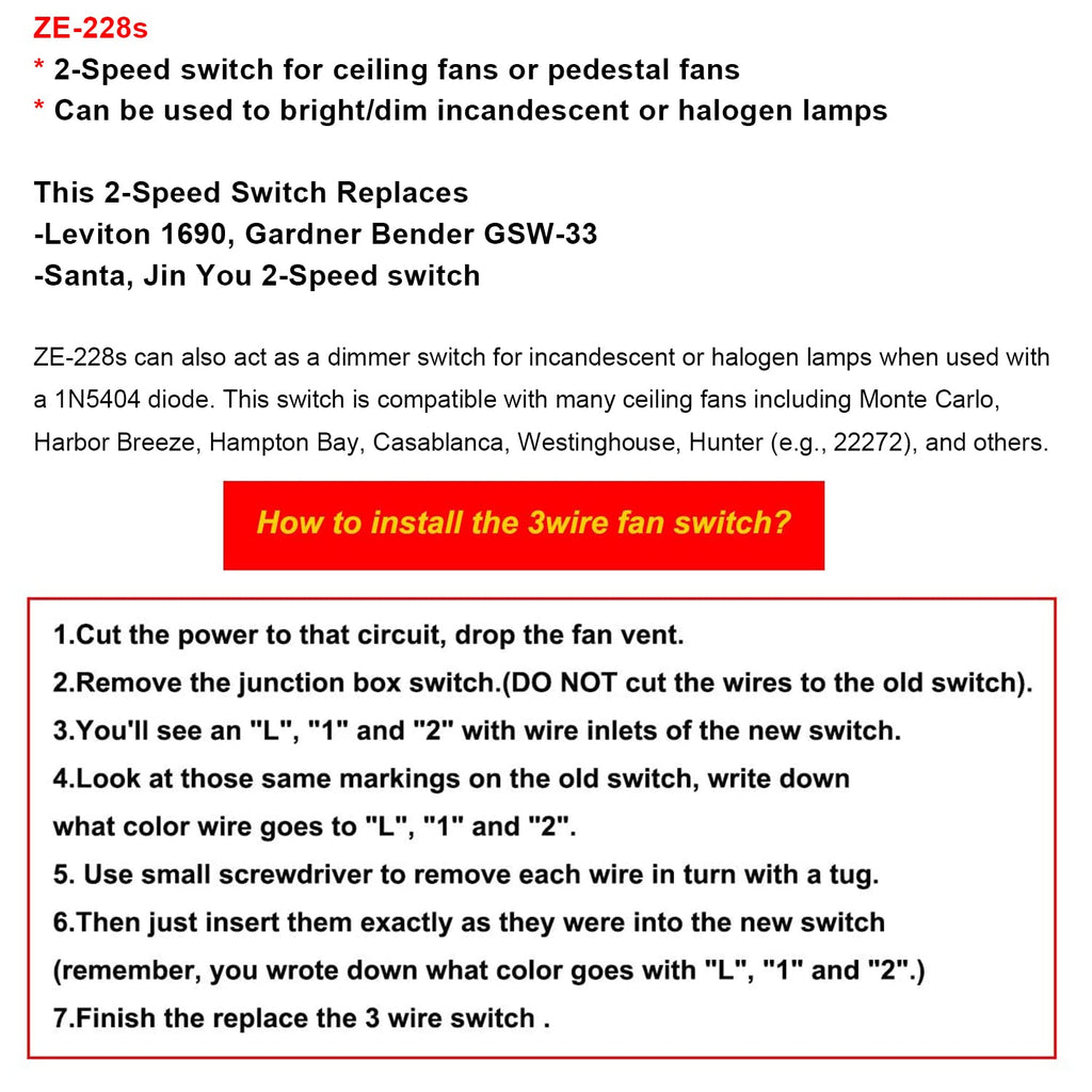 ZE-228s 2 Speed 3 Wire Ceiling Fan Switch Pull Chain Switch Lamps Replacement Parts Ceiling Fan Accessories(Nickel Chain)