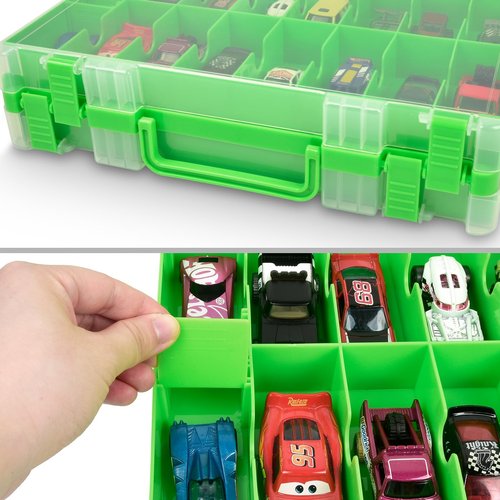Double Sided Toy Storage Organizer Case for Hot Wheels Car, for Matchbox Cars, for Mini Toys, for Small Dolls. Carrying Box Container Carrier with 48 Compartments - Green(Box Only)