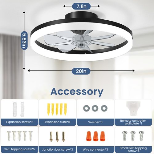 CHAREADA Ceiling Fan with Light, 20" Modern Low Profile Foldable Ceiling Fans with 6 Wind Speeds, Dimmable Smart Ceiling Fan Light with Remote for Bedroom, Kids Room and Living Room (Black)