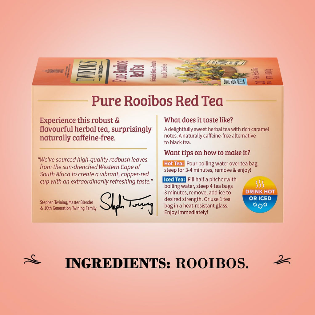 Twinings Pure Rooibos Red Tea - Naturally Sweet & Tangy Caffeine-Free Herbal Tea Bags | 20 Count (Pack of 2)