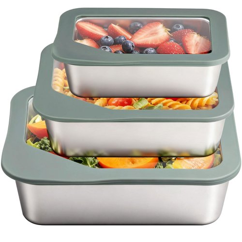 Greentainer Stainless Steel Food Storage Container with Glass Lids, 3 Pack Nested Lunch Boxes, Airtight Lid Food Container for Sandwiches, Snacks, Meal Prep and Kitchen Storage