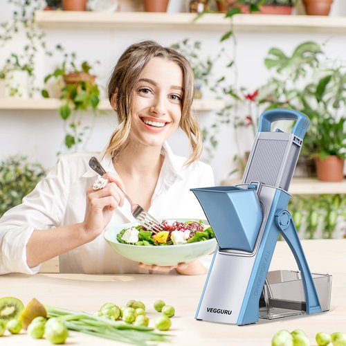 VEGGURU Safer Mandoline Food Slicer, Thickness Adjustable Vegetable Chopper, Onion Slicer Tomato Cutter Dicer, Multifunctional Kitchen Food Fruit