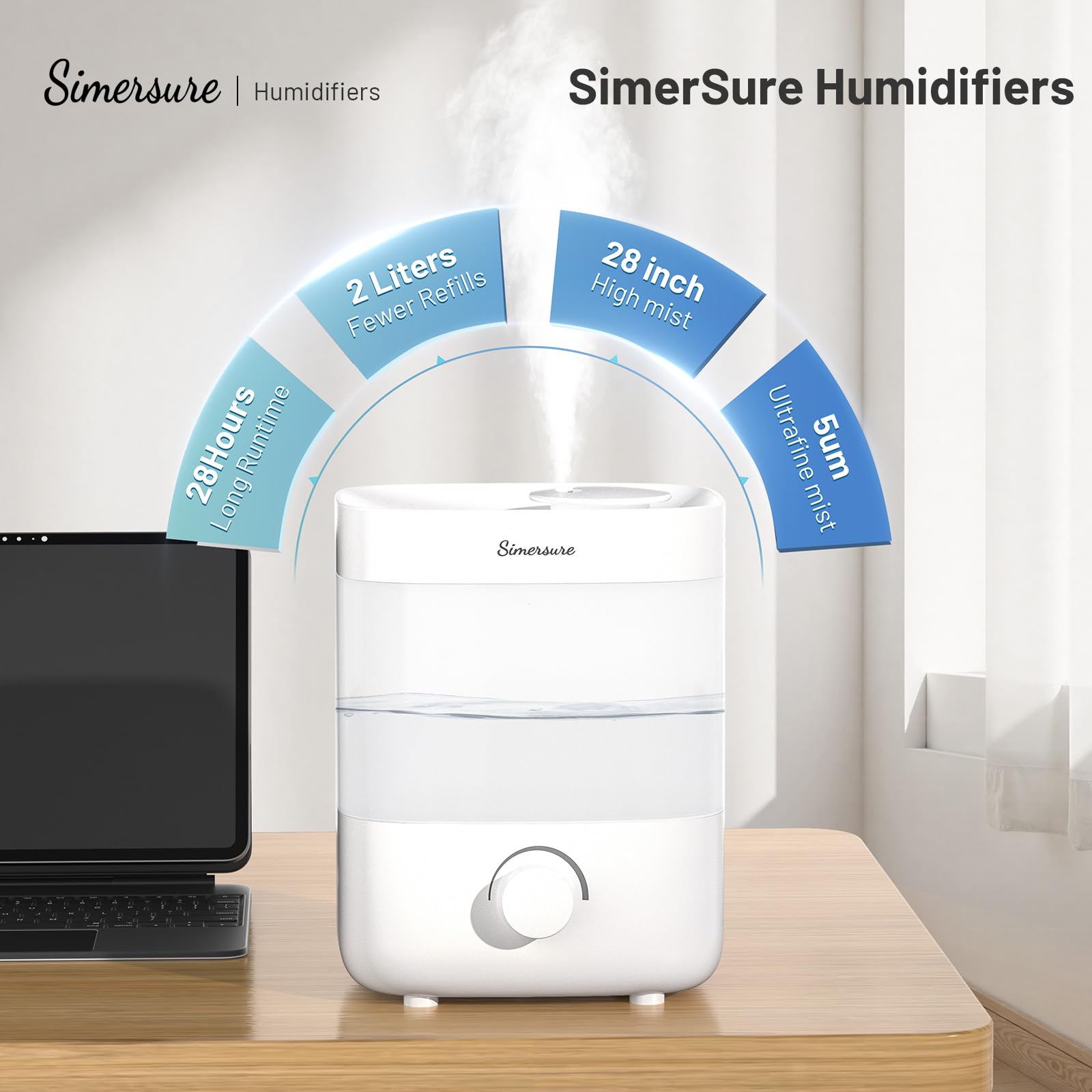 SimerSure Top Fill Humidifier, 2L Water Tank for Bedroom, 28H Long Lasting White Air Humidifier for Large Room, Ultra Quiet 25dB Cool Mist for Baby, Plants, Office, Easy to Clean & Fill