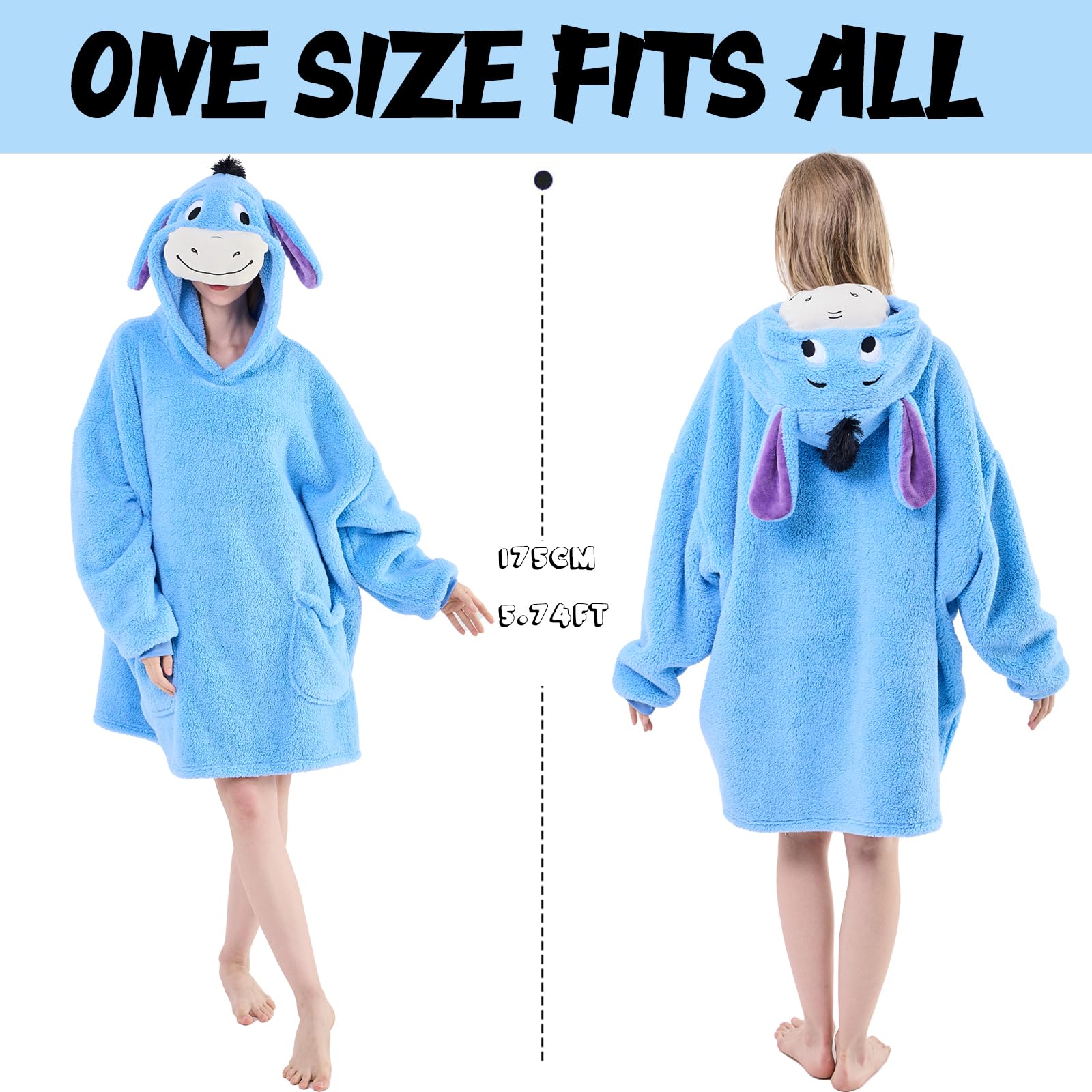 NEWCOSPLAY Wearable Blanket Hoodie Sherpa Hoodie Blanket for Women Men Warm Oversized Sweatshirt with Pockets (Donkey, Adult)